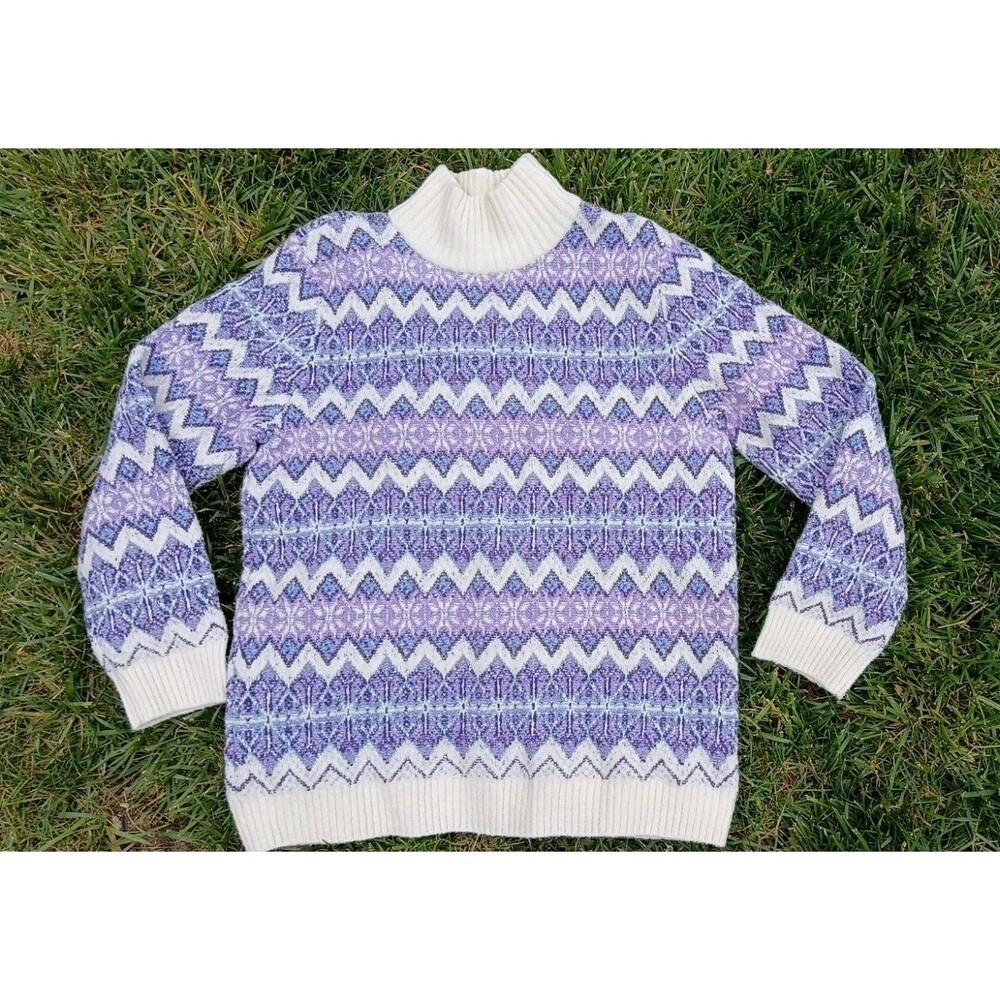Talbots Fair Isle Sweater Medium Purple Nordic Mock Neck Cotton Wool Cottagecore